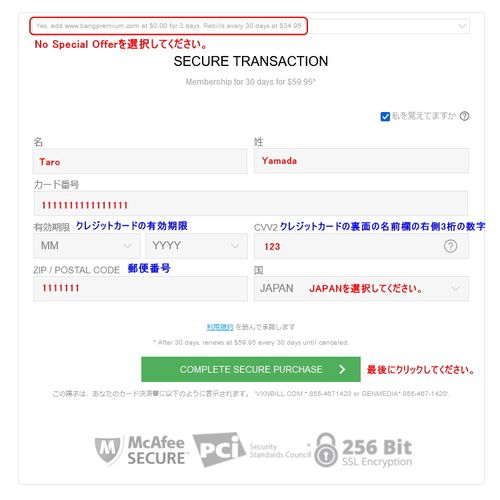 VXN BILLクレジット情報入力ページ